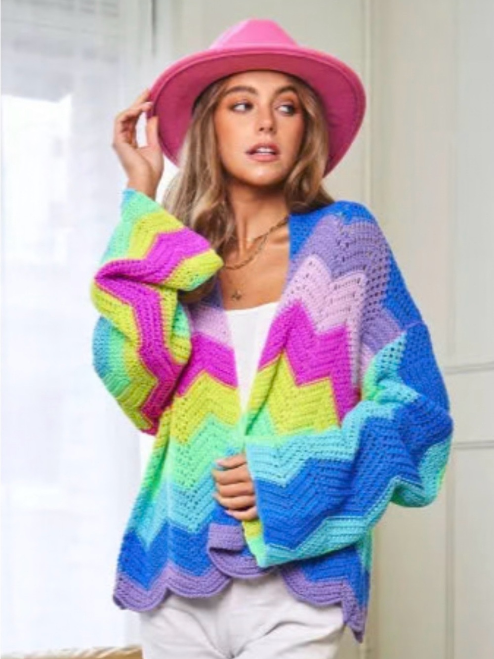 Davi & Dani Rainbow Chevron Crochet Cardigan 2XL Oversized Boho Bell Sleeve